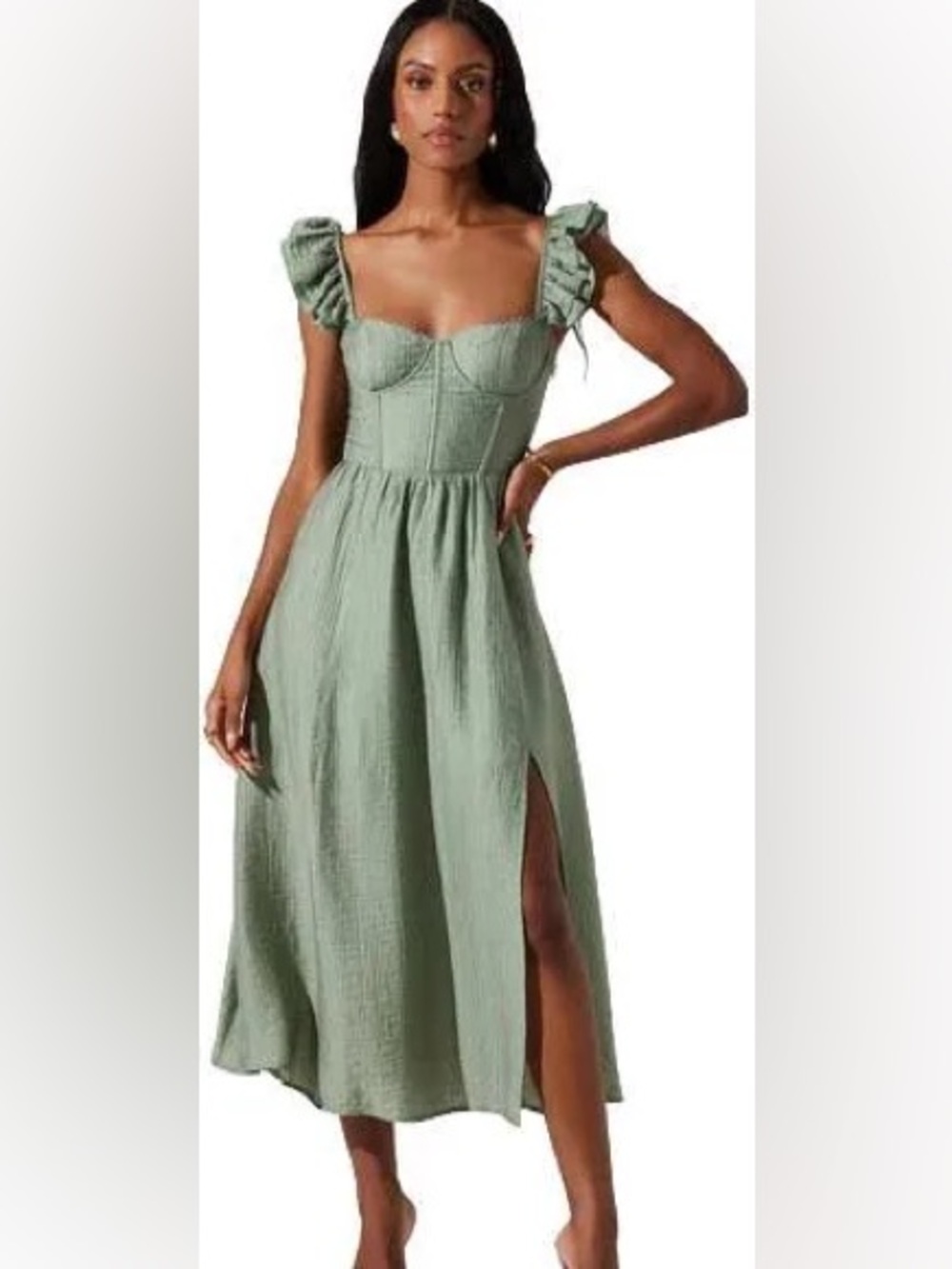 Astr Wedelia Sage Green Ruffle-Shoulder Midi Dress